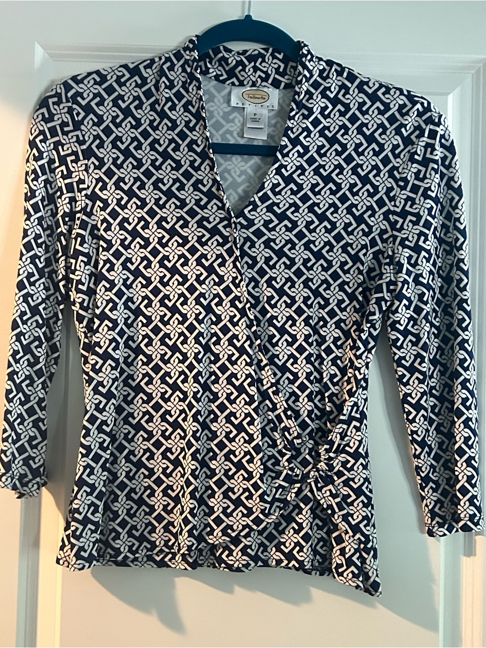 Talbots Navy and White Geometric Wrap Blouse